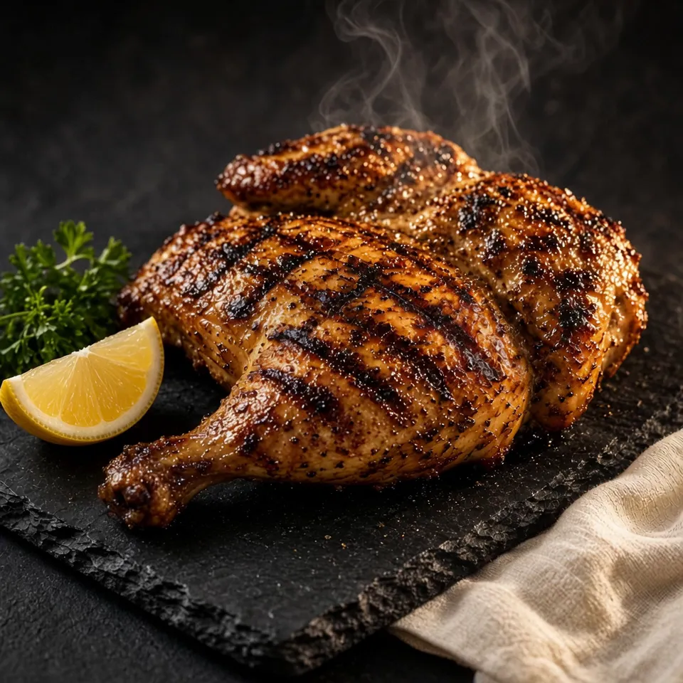 Grilled half chicken with lemon