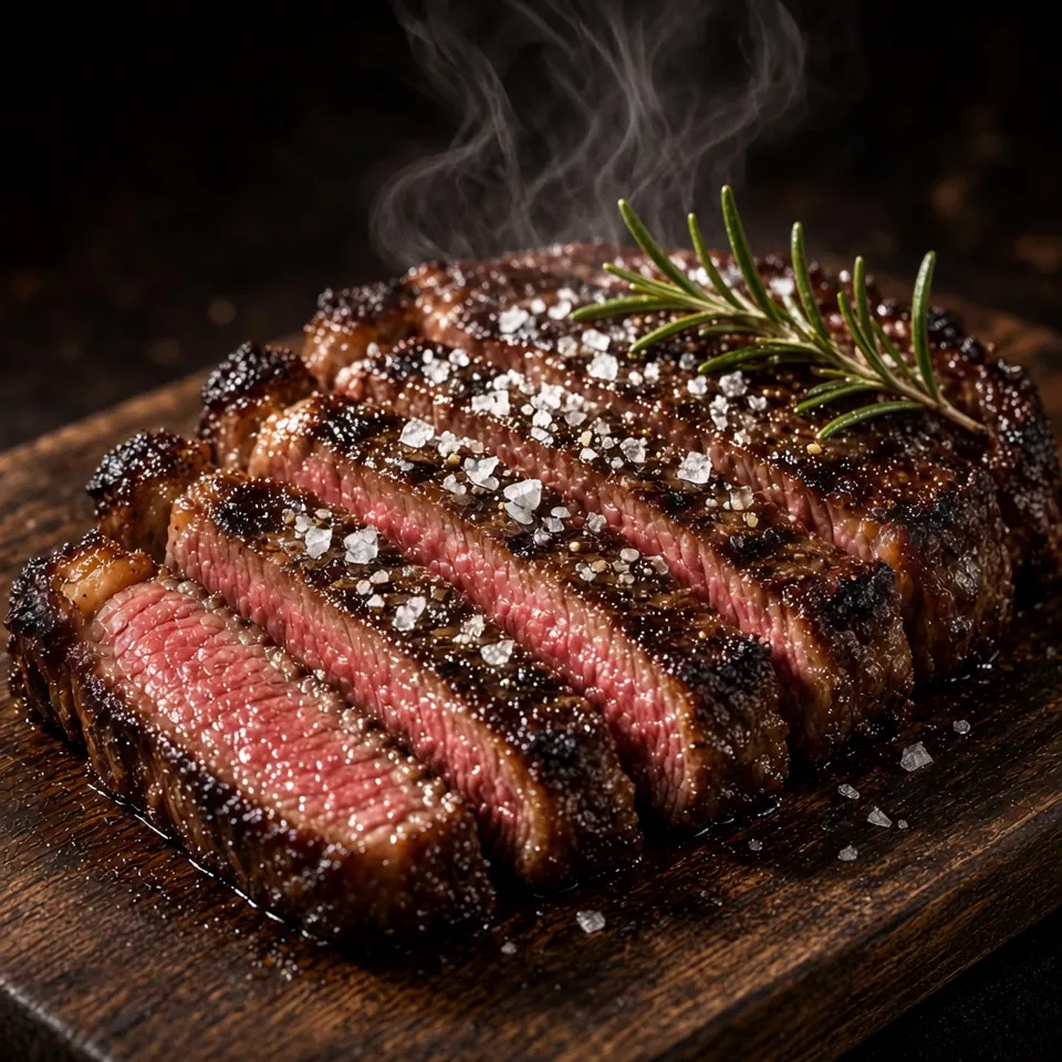 Sliced ribeye, medium-rare