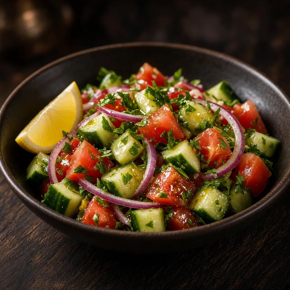 Green salad with cucumber, tomato, and onion