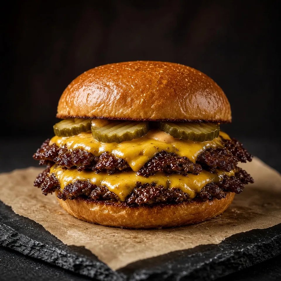 Smash burger with melted cheese and pickles